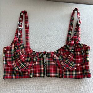 MIAOU Red Plaid Zip-Front Bustier Top